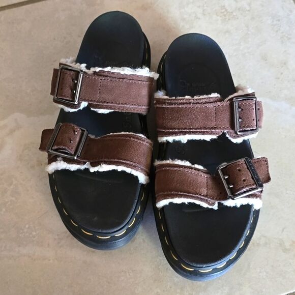Dr Martens Myles Fur Lined Buckle Slide Sandals in Brown Suede Womens/ki… - Picture 2 of 8